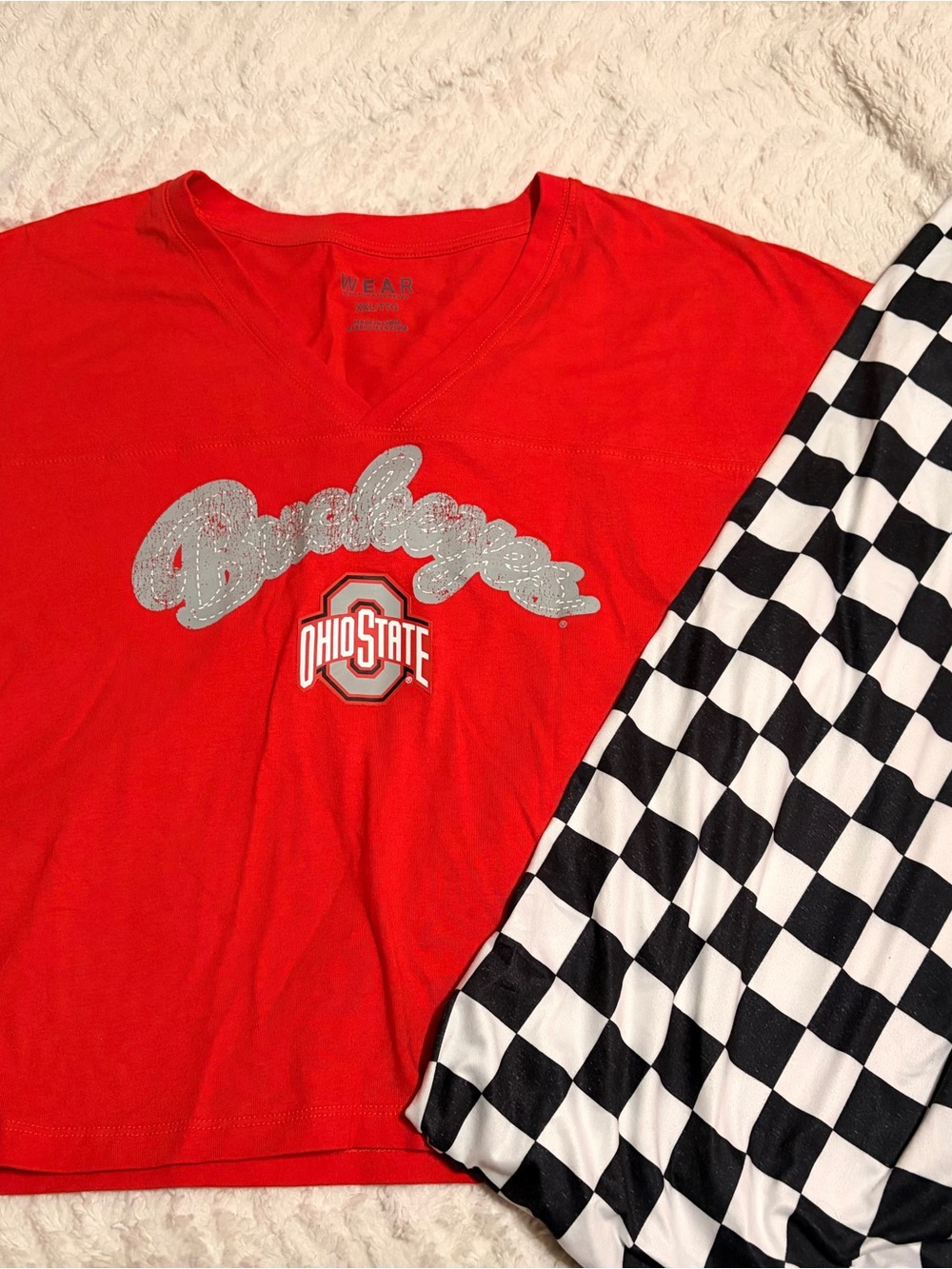 Ohio State Cropped Tee:  Red V-Neck Tee with Script